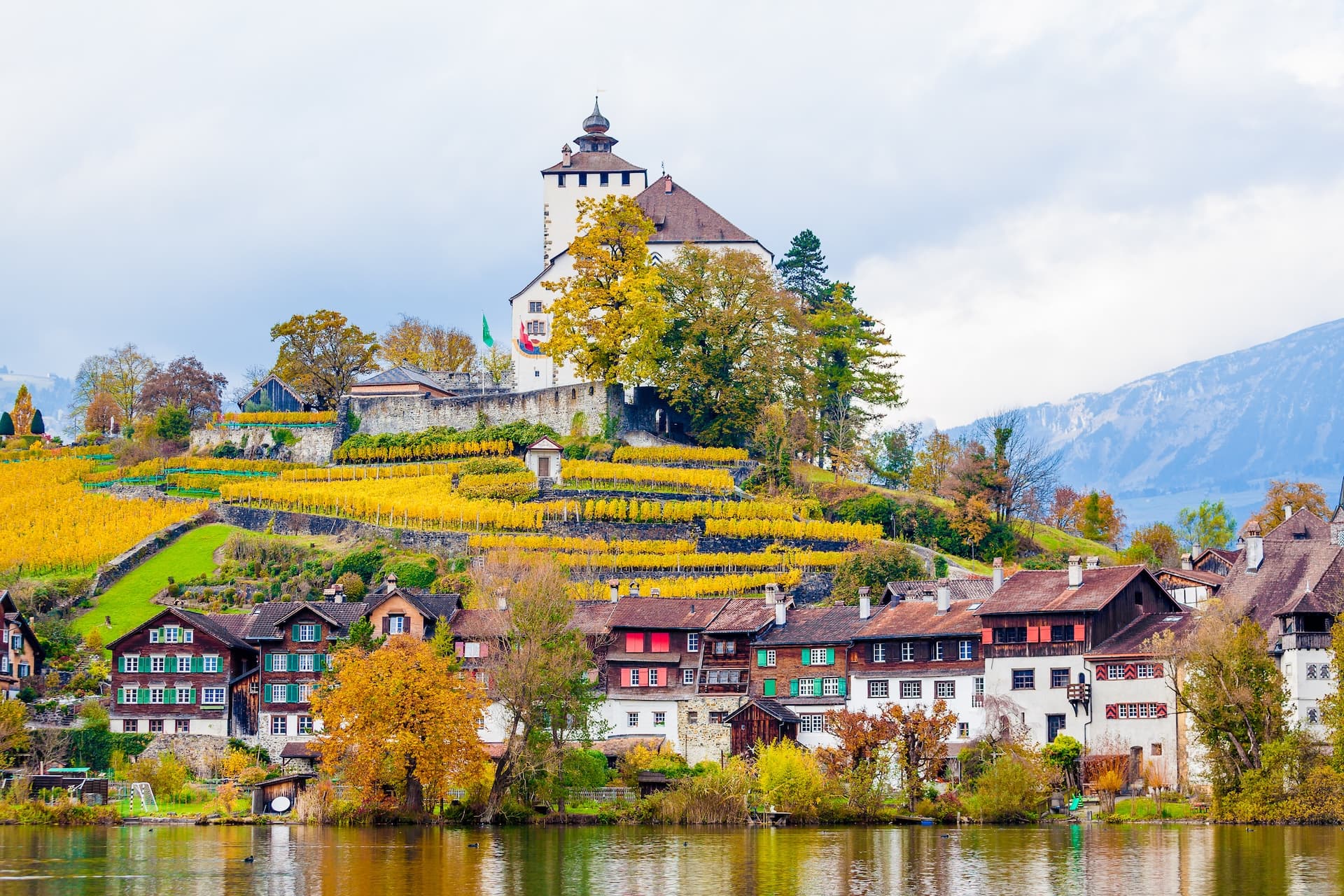 Castle above terraced yellow vineyards and lakeside town in Buchs, Sankt Gallen, Switzerland.