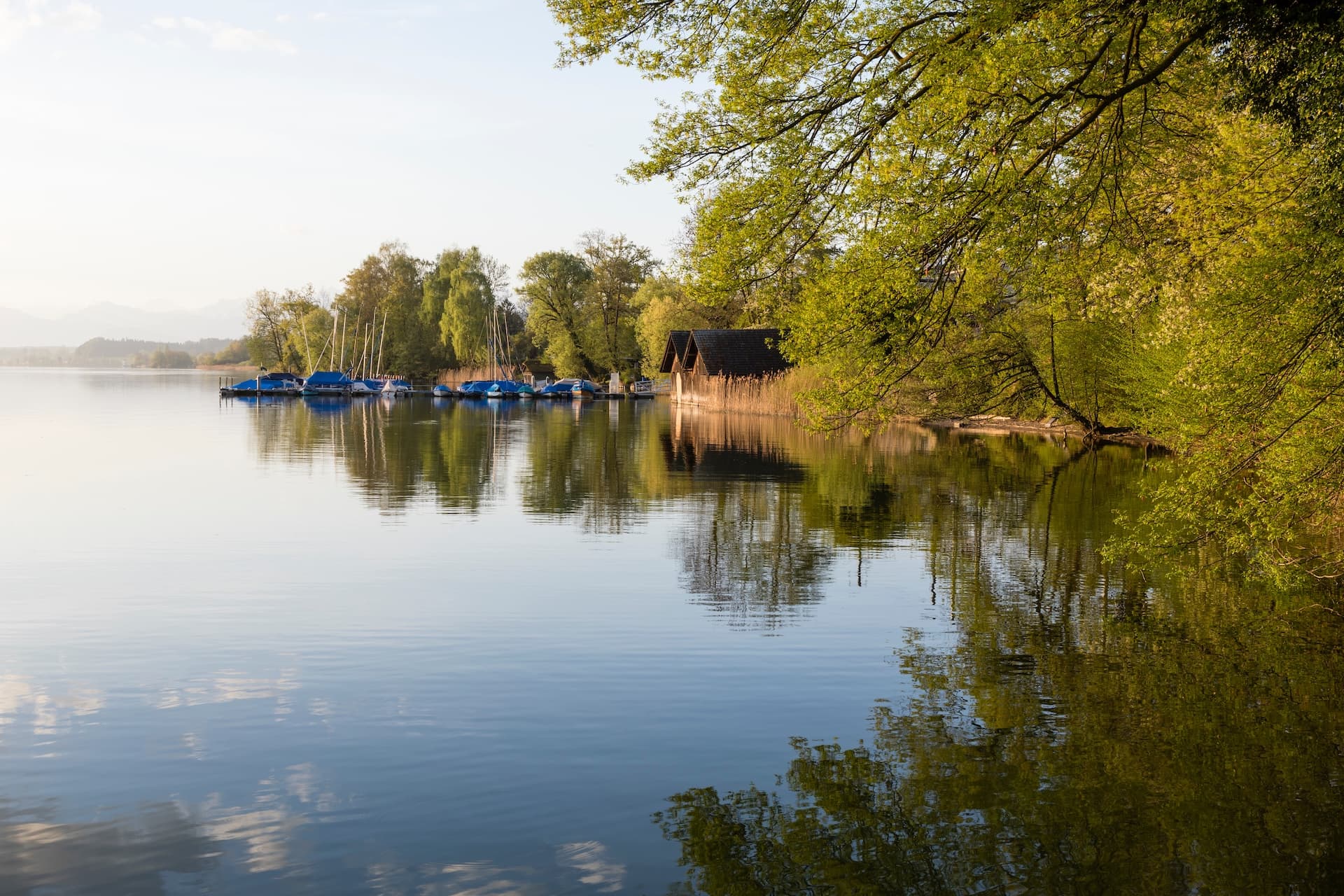 Boats moored by a boathouse on Lake Sempach, Switzerland, with spring foliage.