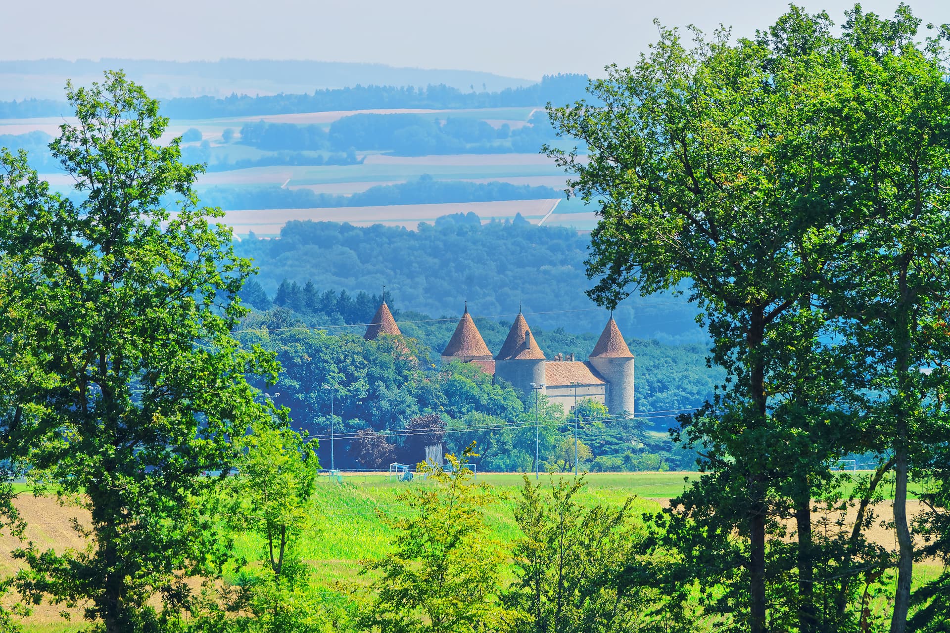 Castle in Yverdon framed by green trees overlooking rolling hills in Vaud, Switzerland.