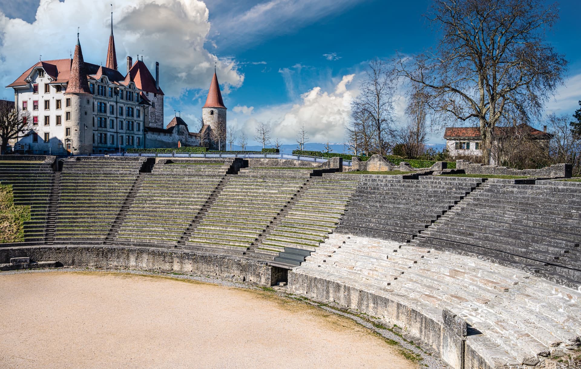 Ancient-roman-amphitheater-and-the-Avenches-castle-Switzerland